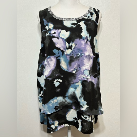 Juicy Couture Embellished Watercolor Floral Double Layer Chiffon Tank Blouse - Picture 2 of 14